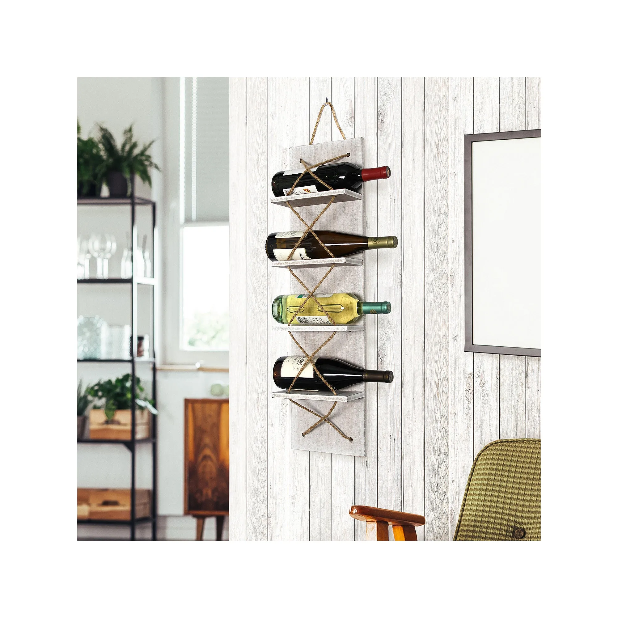All The Rages Elegant Designs Positano Nautical Rope 4 Bottle Wine Rack HG1019-WWH - WHITE WASH ONE SIZE