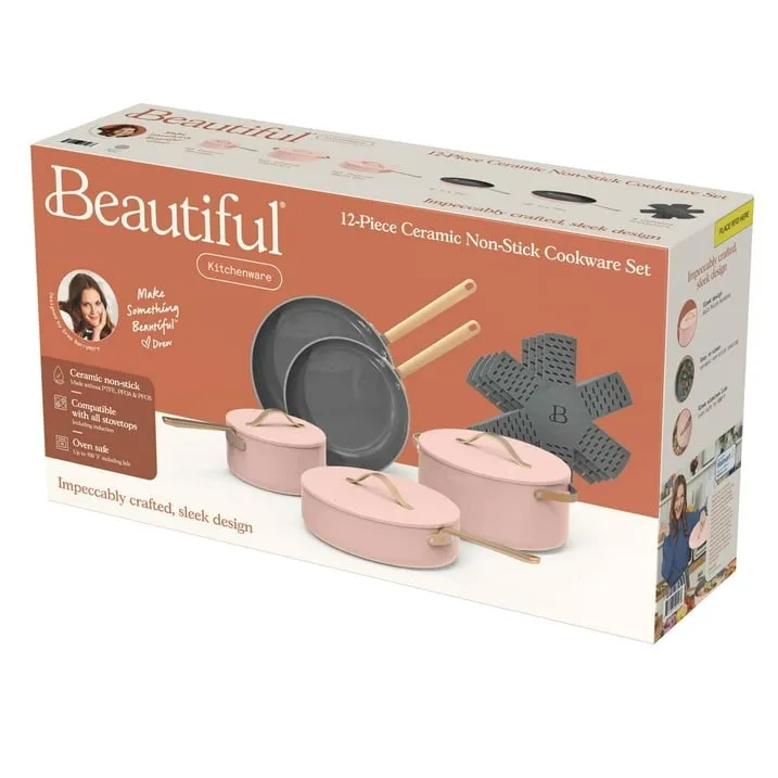 Beautiful by Drew Barrymore 12pc Ceramic Non-Stick Cookware Set, Rose