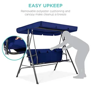 Best Choice Products SKY5939 2-Person Outdoor Convertible Canopy Swing Glider Lounge Chair with Removable Cushions - Navy Blue