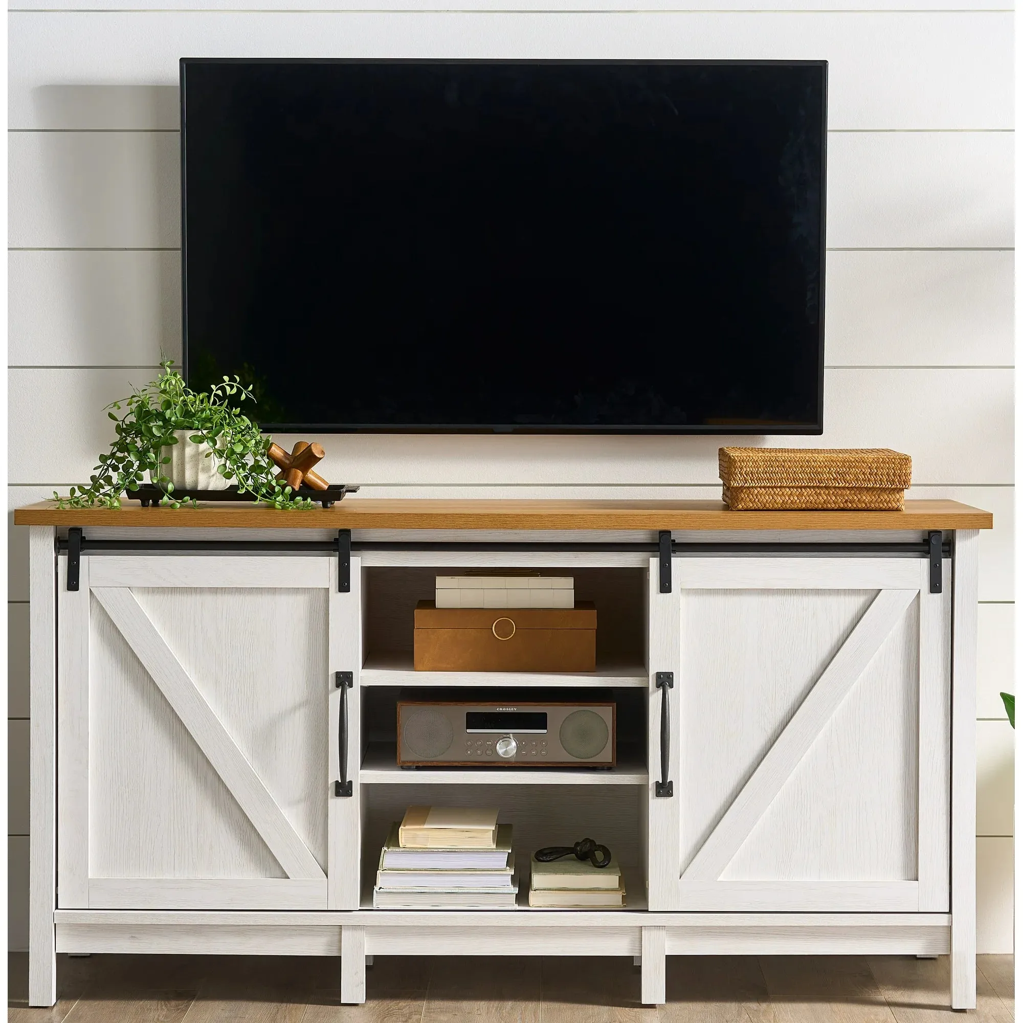 Better Homes & Gardens 441401 Modern Farmhouse TV Stand For TV's Up to 70", Alabaster And Light Honey Finish