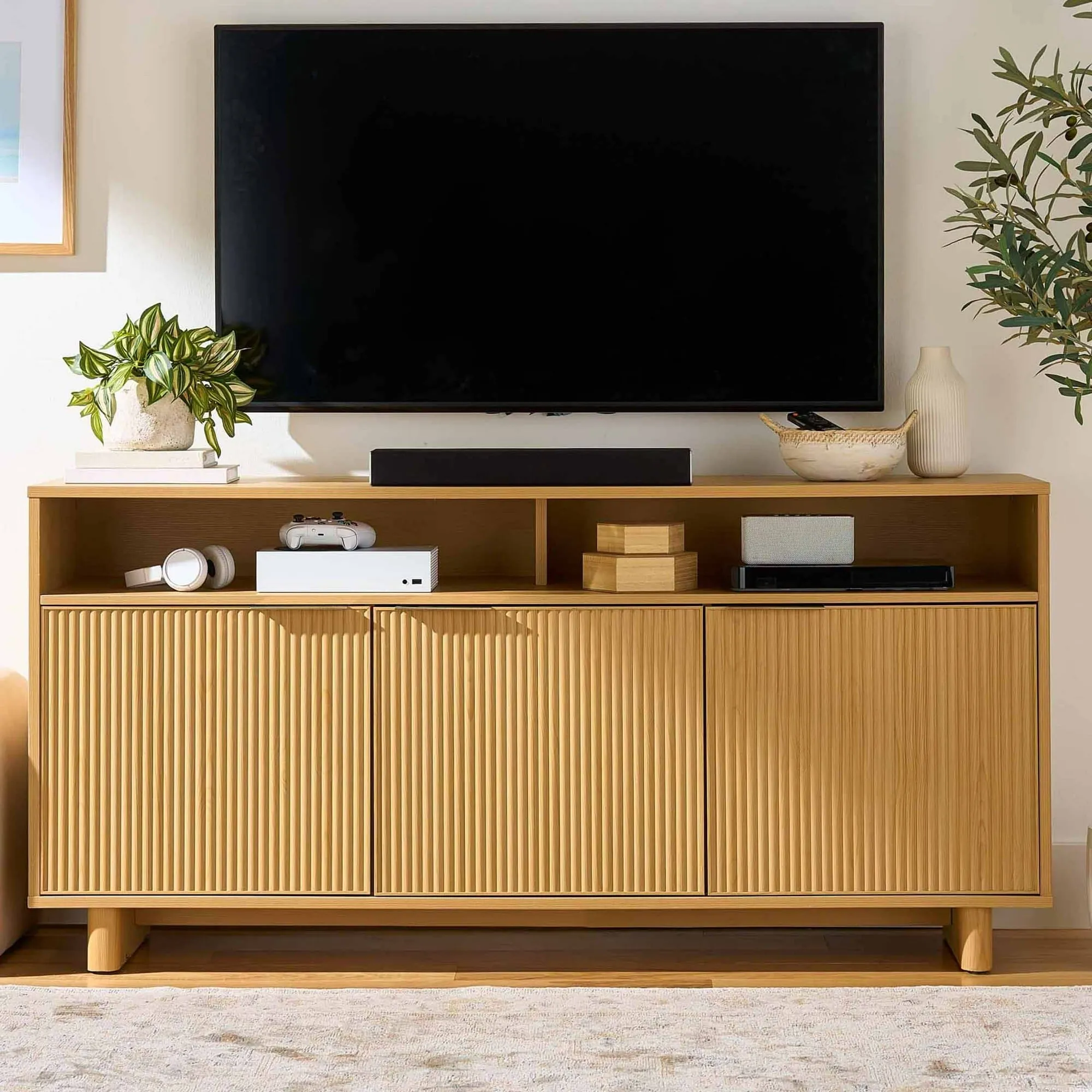 Better Homes & Gardens BHS436249972008 Juliet Curved TV Stand For TVs up to 75", Natural Pine