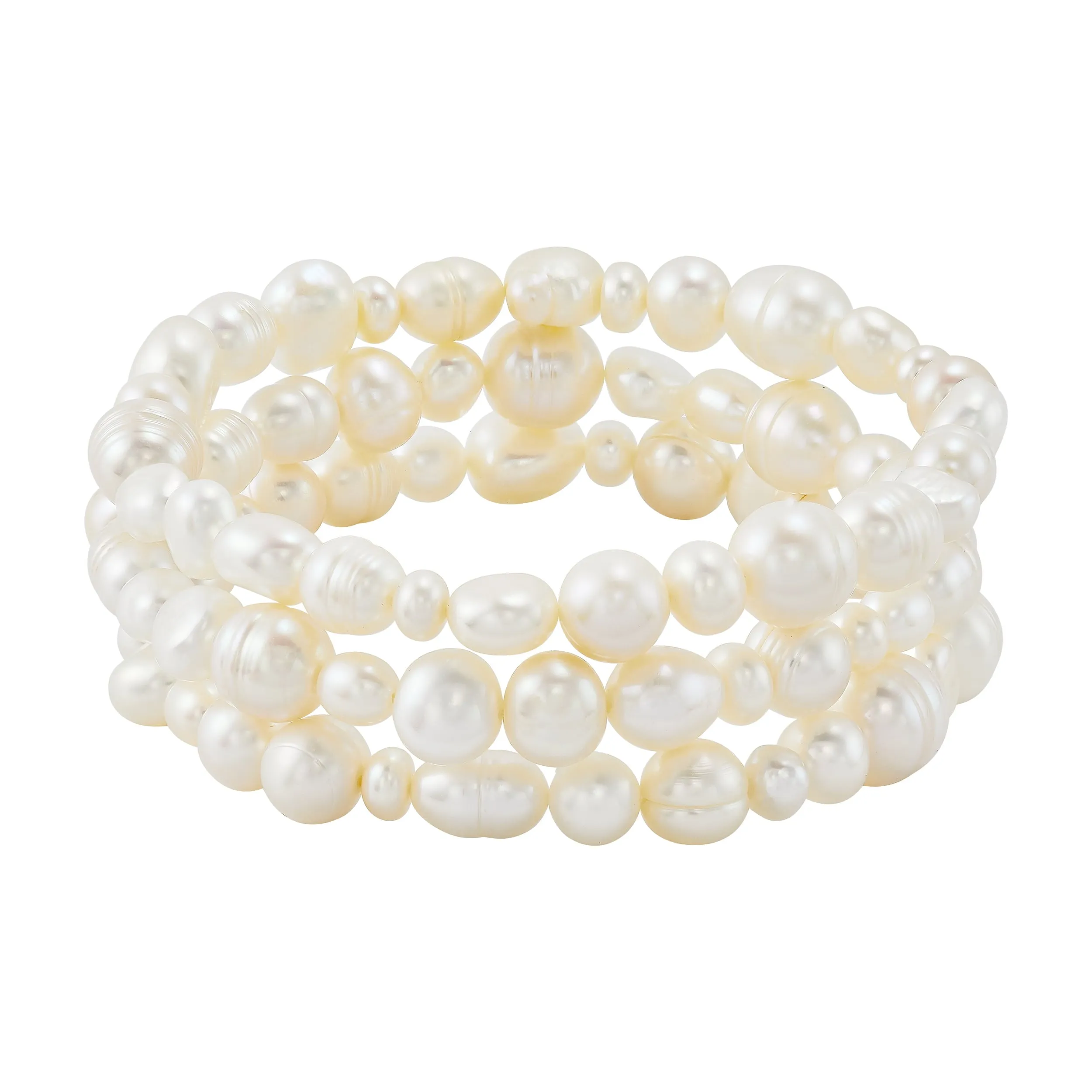 Essentials by Honora Women's Baroque Freshwater White Pearl Stretch Bracelets Set - High Quality