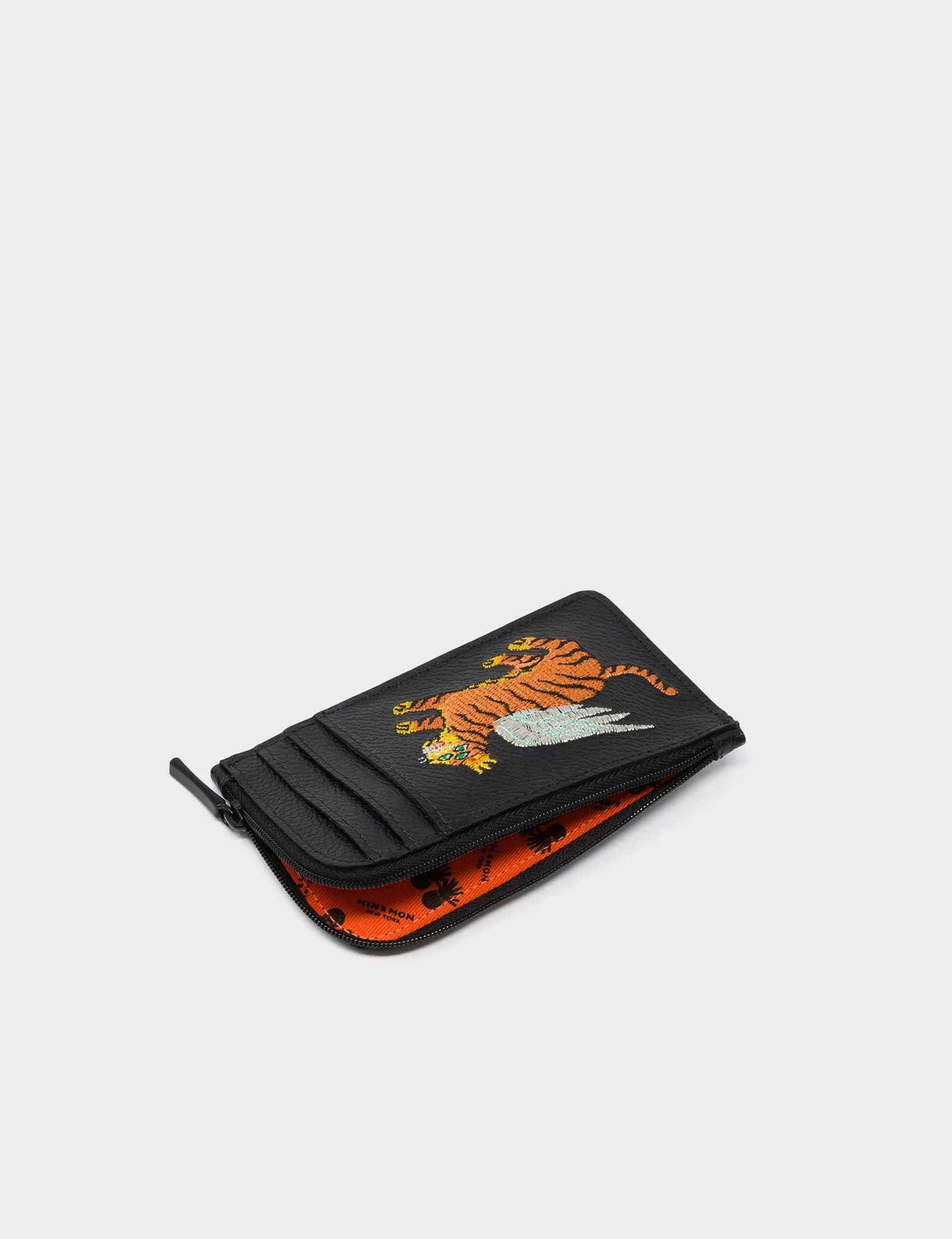Fausto Black Leather Zip-around Cardholder - Flying Tiger Embroidery