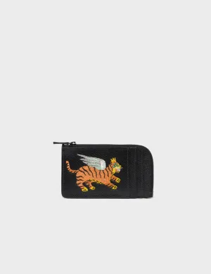 Fausto Black Leather Zip-around Cardholder - Flying Tiger Embroidery