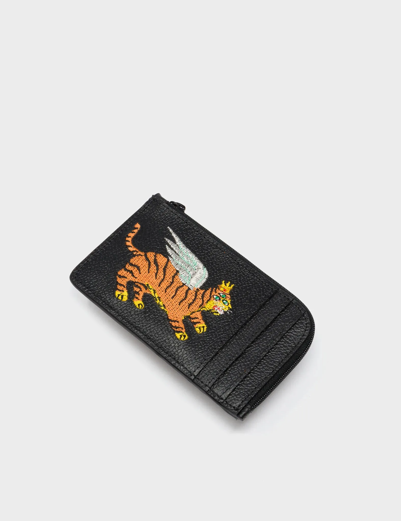 Fausto Black Leather Zip-around Cardholder - Flying Tiger Embroidery