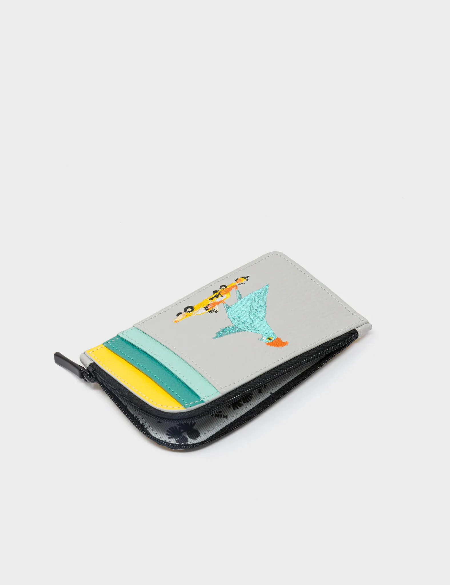Fausto Moonwalk Gray Leather Zip-around Cardholder - Pigeonista Embroidery