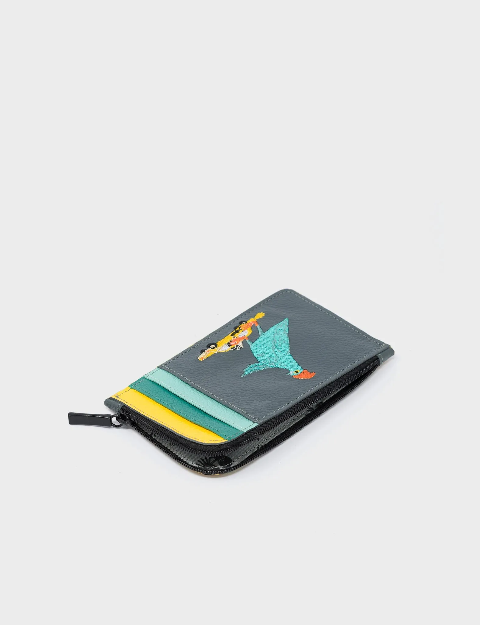 Fausto Stormy Gray Leather Zip-around Cardholder - Pigeonista Embroidery