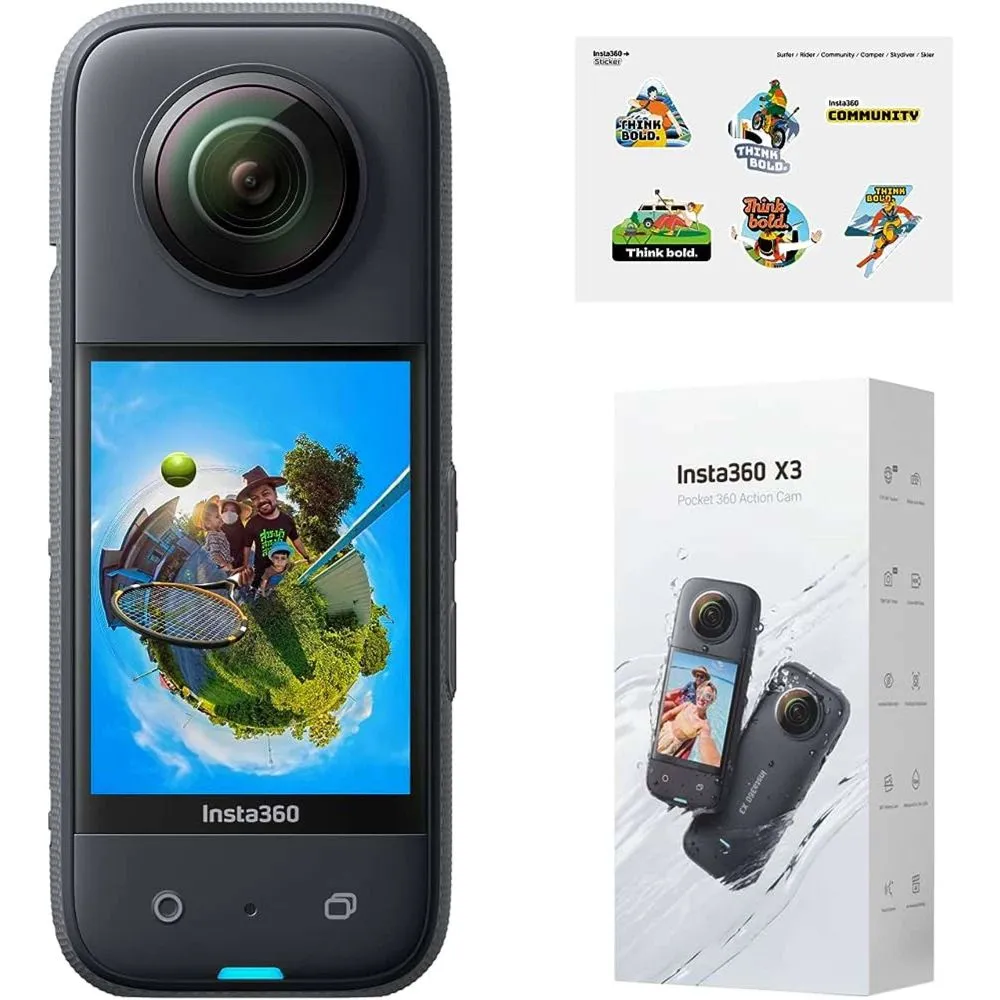 Insta360 X3 Think Bold Set Waterproof 360 Action Camera with 1/2" 48MP Sensors, 5.7K 360 Active HDR Video, 72MP 360 Photo