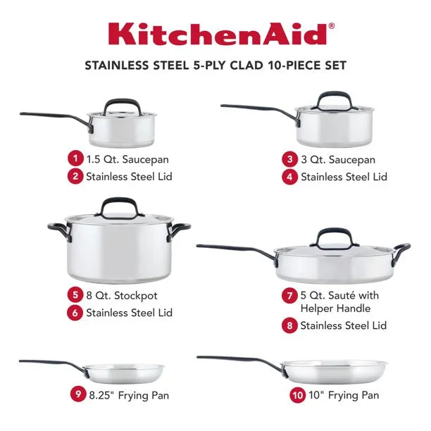 KitchenAid 30001 10-Piece 5-Ply Clad Stainless Steel Cookware Set, Polished