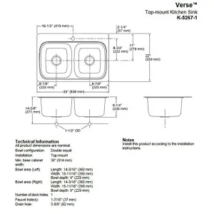 Kohler K-5267-1-NA Verse Top-Mount Double-Equal Bowl Kitchen Sink with Single Faucet Hole