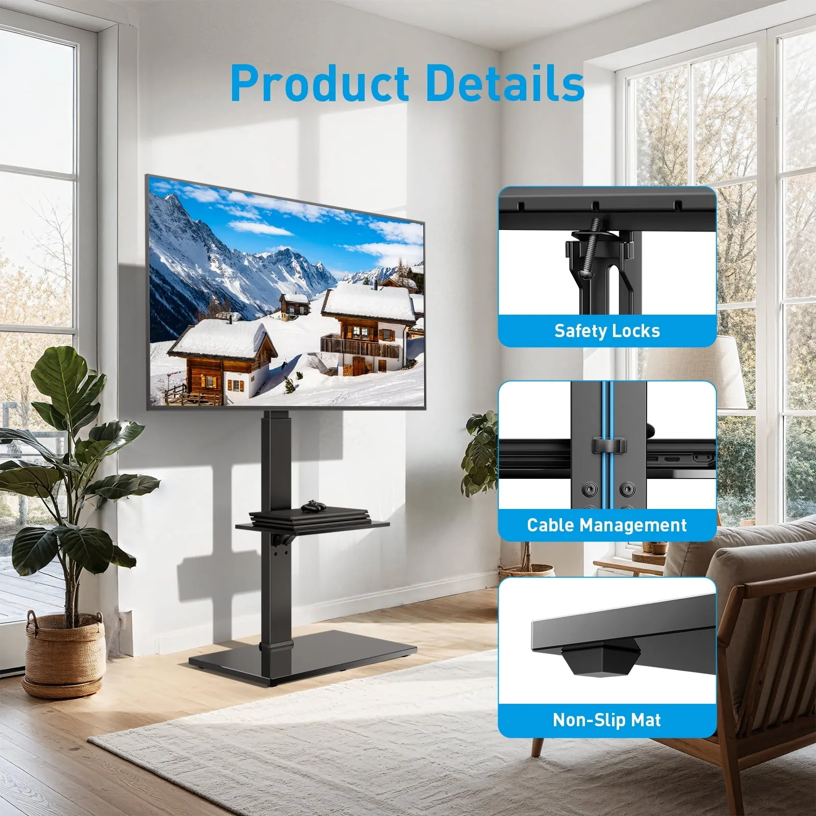 MountFTV TV Cart Floor Stand Height Adjustable for 27-70 inch Curved TVs Monitors, Hold Up to 110 lbs, Black