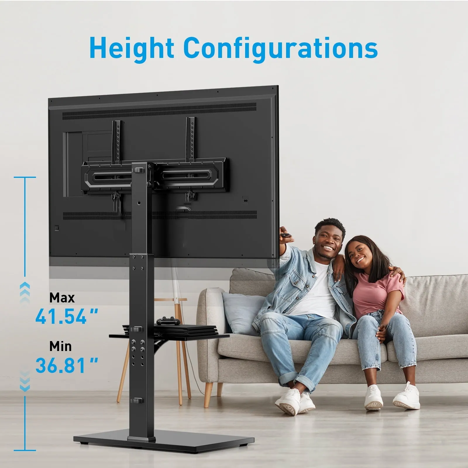 MountFTV TV Cart Floor Stand Height Adjustable for 27-70 inch Curved TVs Monitors, Hold Up to 110 lbs, Black