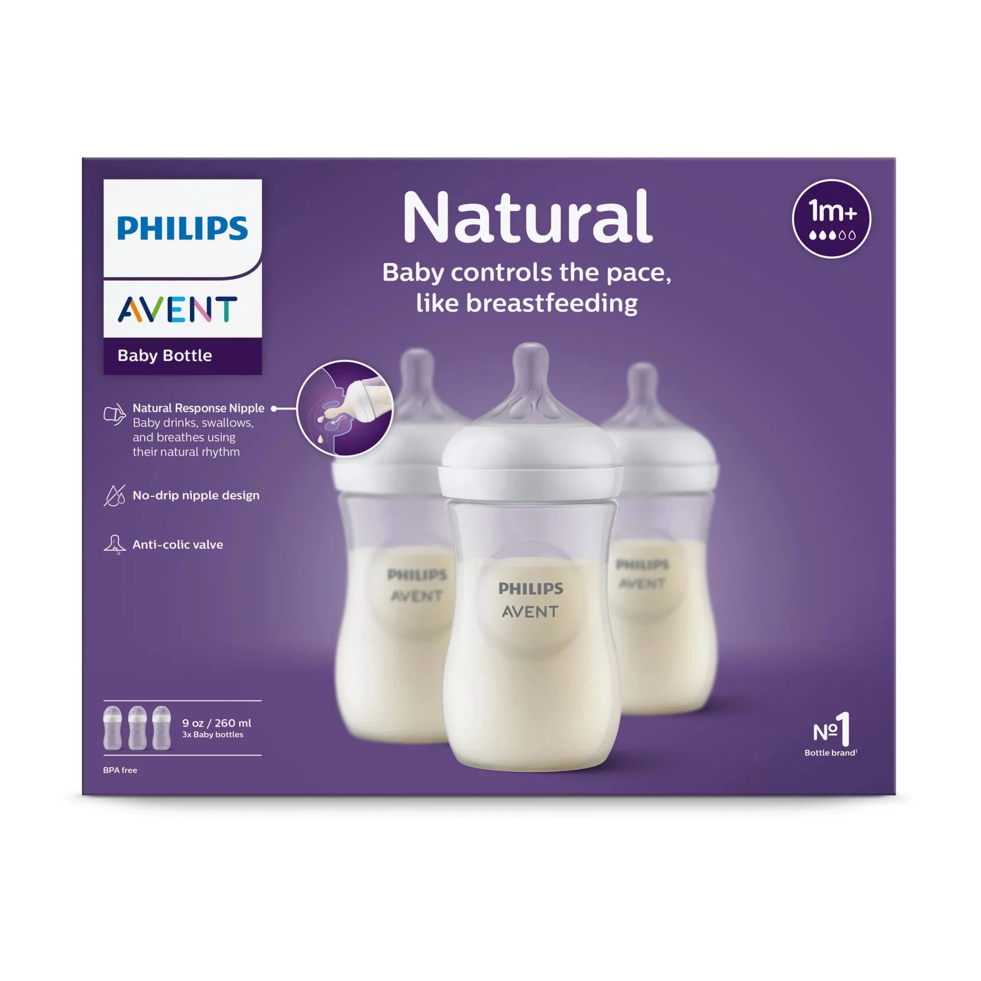 Philips Avent SCY903/93 3Pk Natural Baby Bottle With Natural Response Nipple, 9Oz Clear