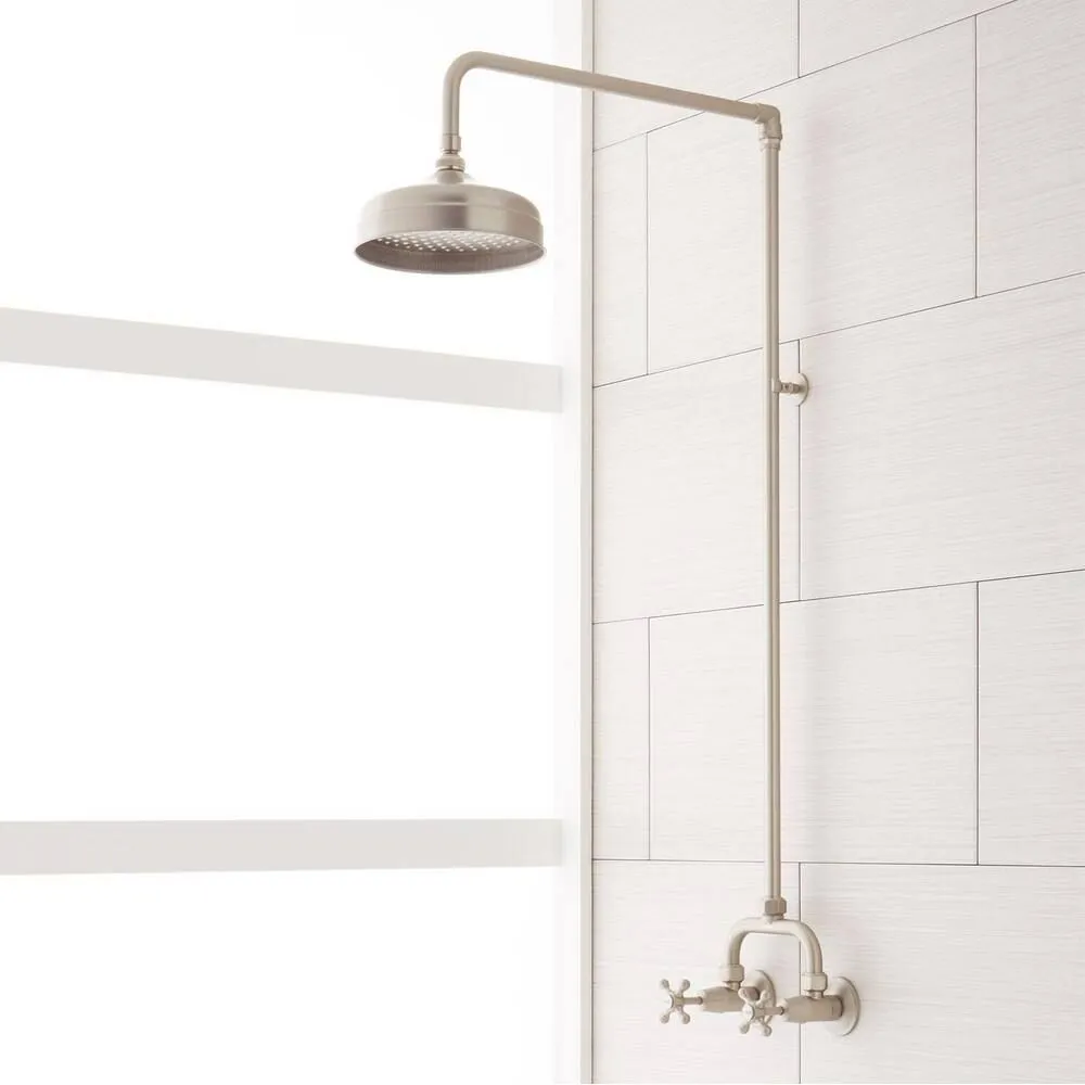 Signature Hardware  AU-48102-BN-kit Baudette Exposed Pipe Shower System W/Rainfall Shower Head, Shower Arm &Cross Handles, Brushed Nickel