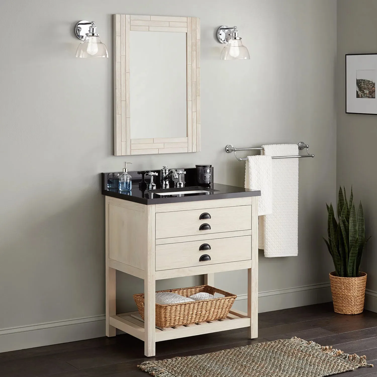 Signature Hardware Benoist-30-WhWsh-BlkRUM-Arc0-k 30" Ansel Console Vanity for Rectangular Undermount Sink, Whitewash Pine - Arctic White no Hole