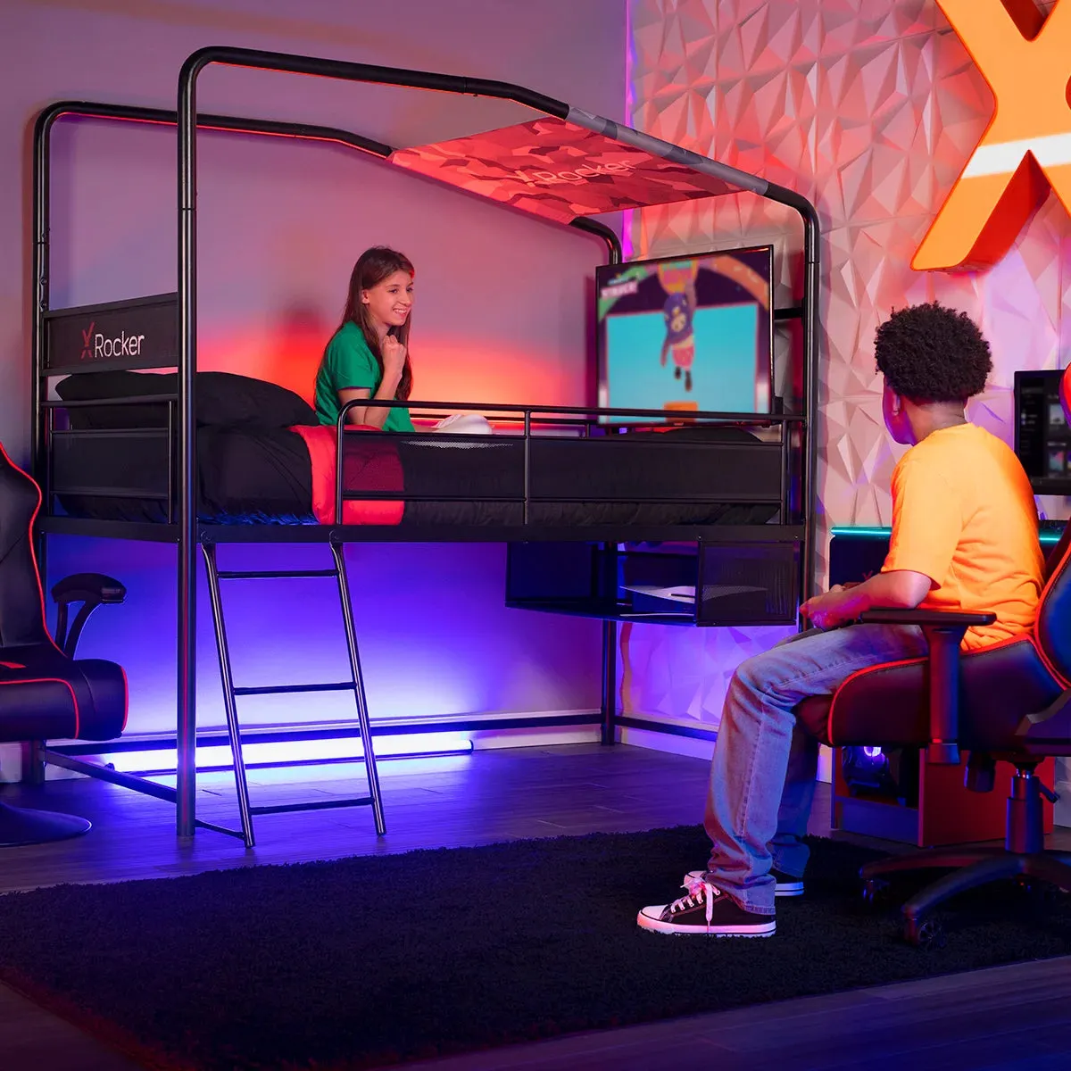 X Rocker 2113001 Contra Mid-Sleeper Gaming Bed with TV Mount, Black, Twin