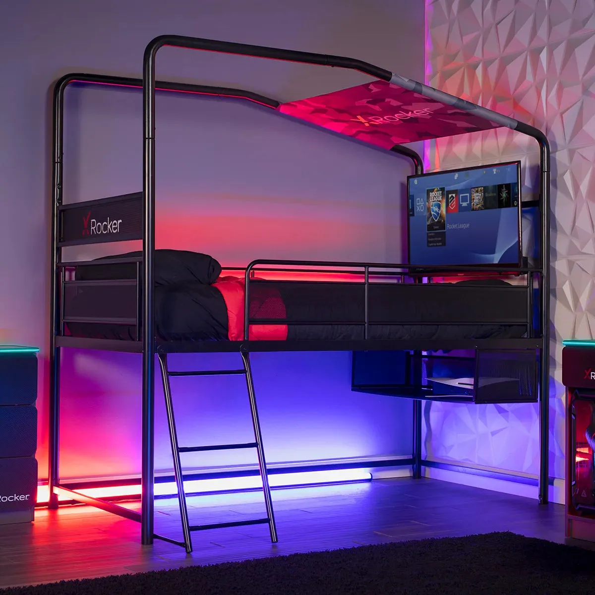 X Rocker 2113001 Contra Mid-Sleeper Gaming Bed with TV Mount, Black, Twin