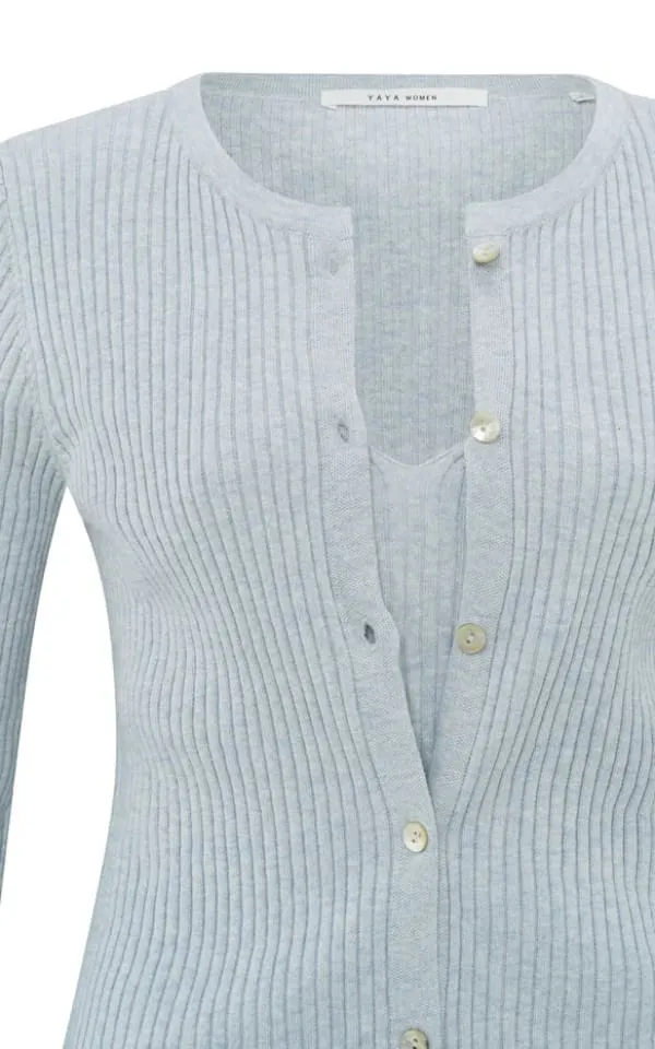 YAYA - Faux Layered Ribbed Cardigan with Button Detail