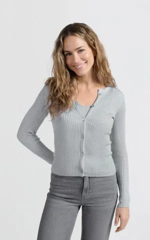 YAYA - Faux Layered Ribbed Cardigan with Button Detail