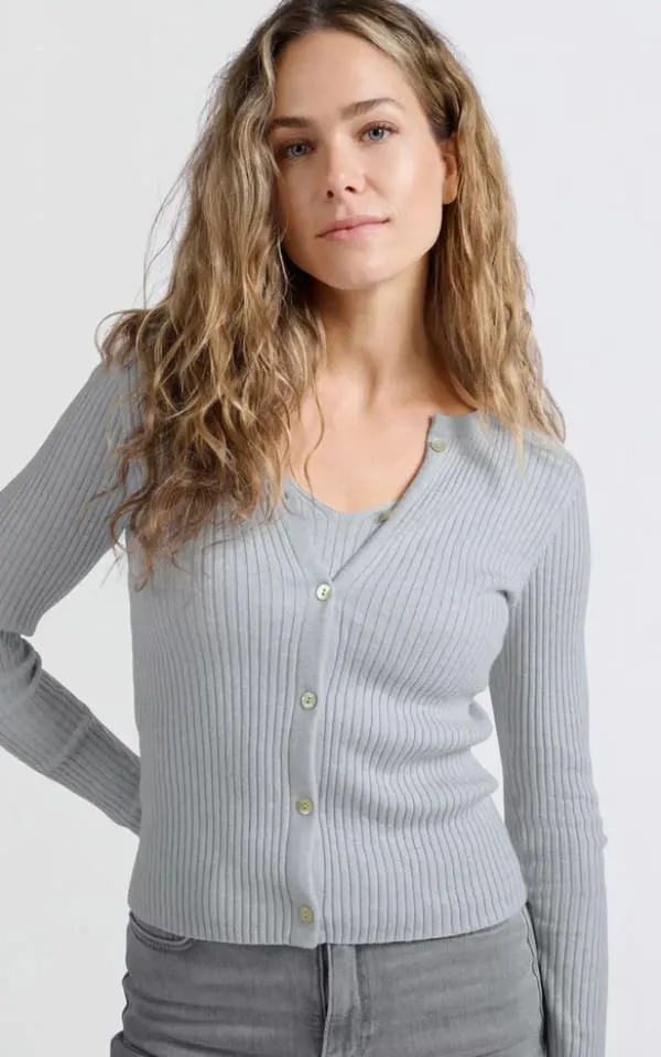 YAYA - Faux Layered Ribbed Cardigan with Button Detail