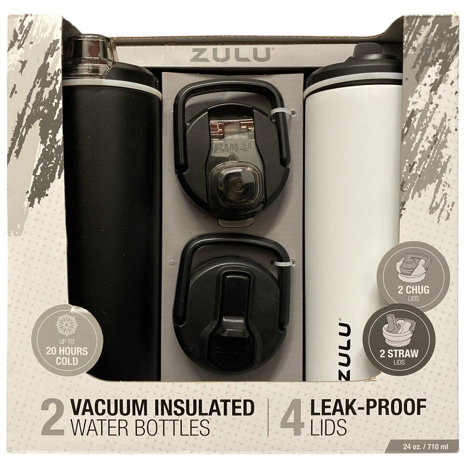 Zulu  411-2401-900 Stainless Steel Water Bottle with Lids., 2pk 24oz, Includes 2 Extra Lids