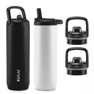 Zulu  411-2401-900 Stainless Steel Water Bottle with Lids., 2pk 24oz, Includes 2 Extra Lids
